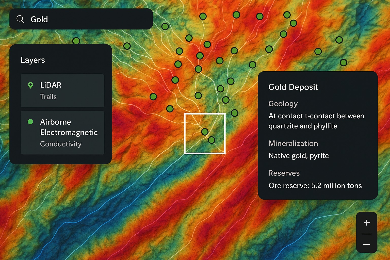 AI-generated geological heatmap with gold deposit analysis showing resource potential areas