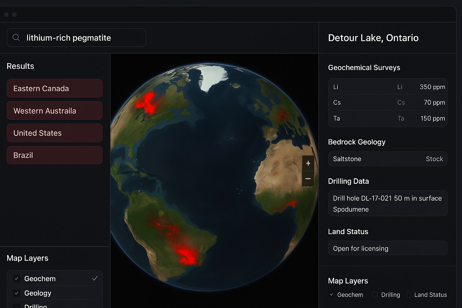 Interactive global map showing lithium-rich pegmatite deposits with search functionality and data layers