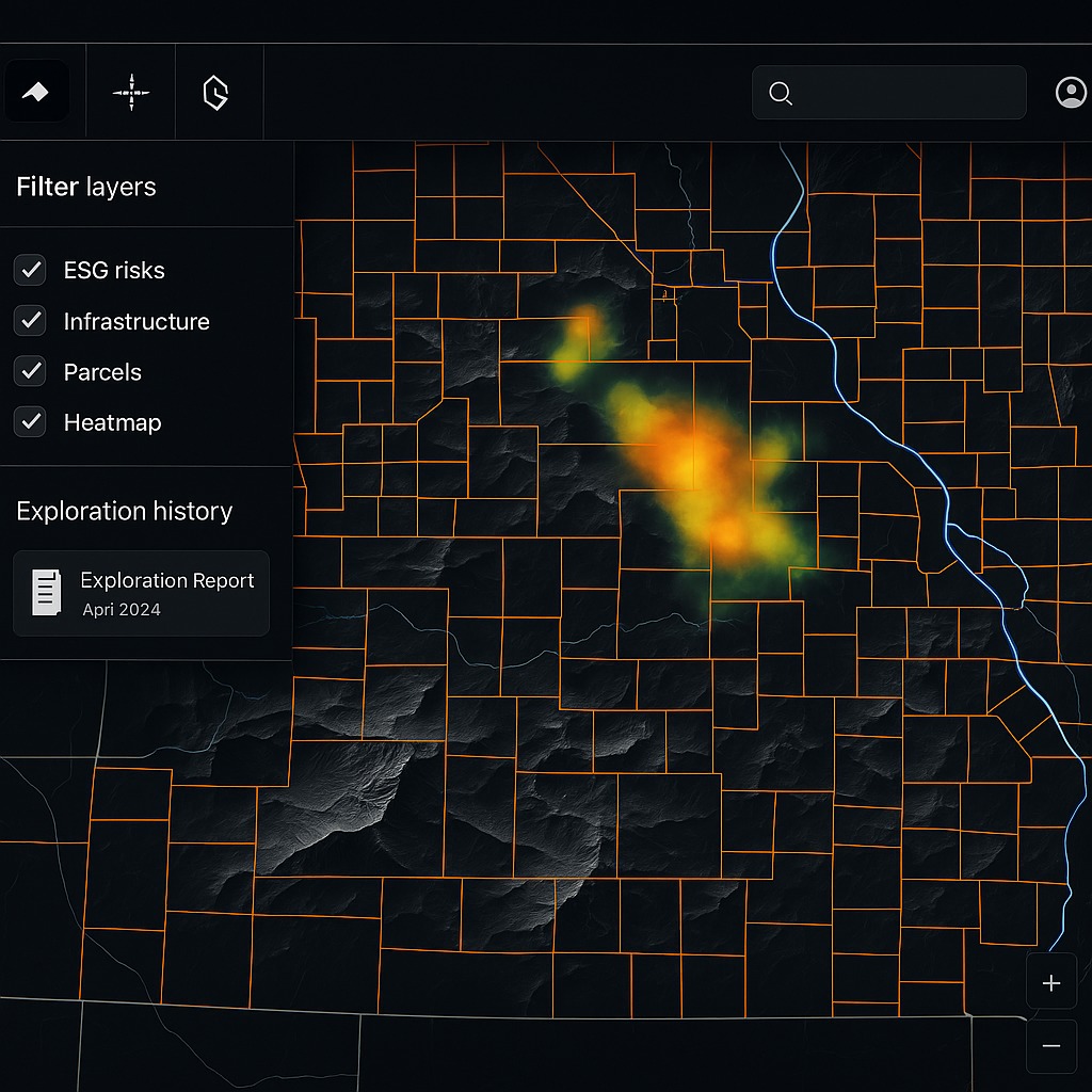 Land parcel map with property boundaries and resource potential heatmap showing ownership information