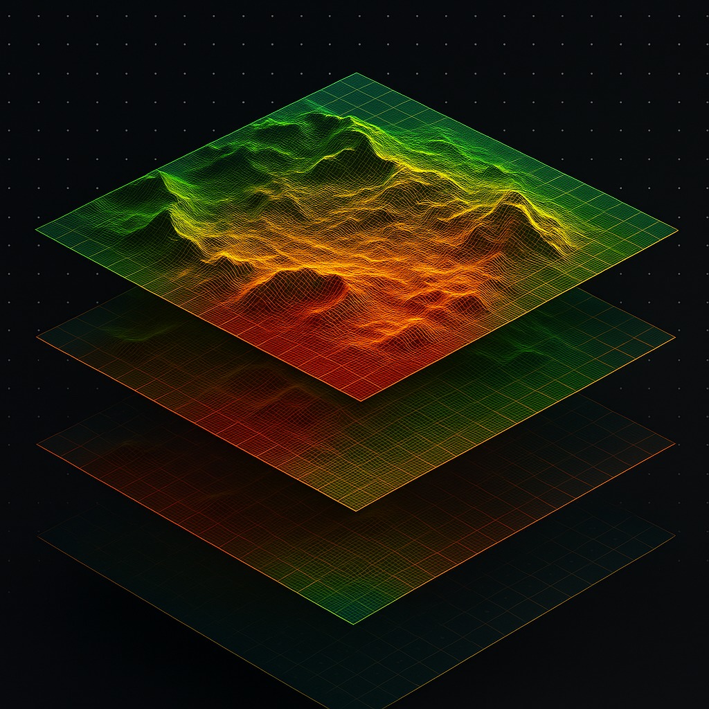 Layered geological data visualization showing standardized data processing with color-coded terrain analysis